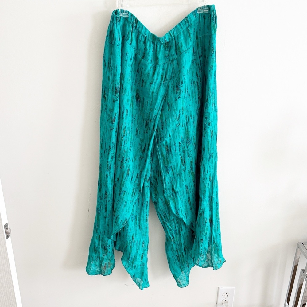 Click linen teal blue black printed flowy wide leg drapey pull on pants size XXL